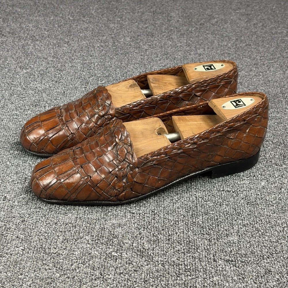 Moreschi Brown Woven Leather Loafers Mens 9.5 Handmade Italy Slip On Dress Shoe